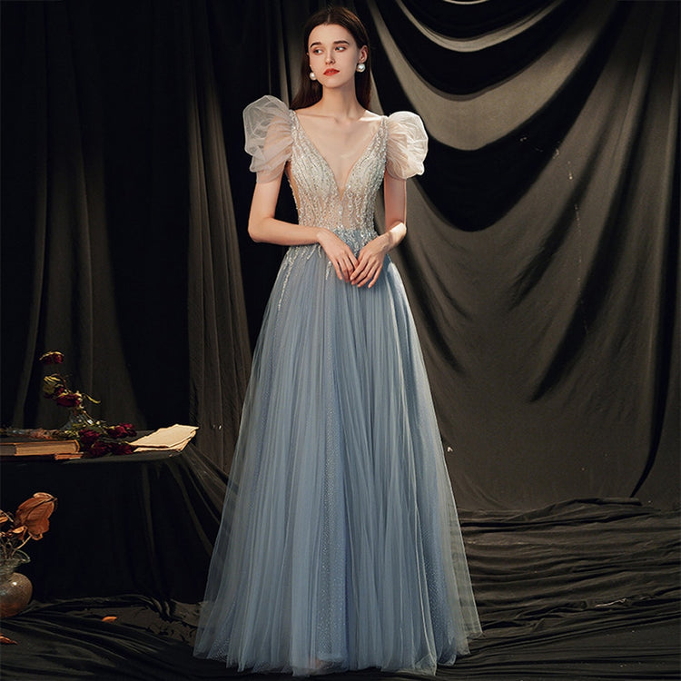 Vestido de Festa Luxo Bordado Rendado Brilho Azul Empoeirado