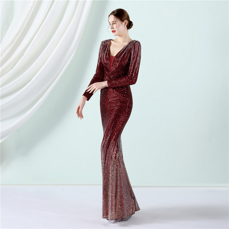 Vestido de Festa Longo com Detalhes Paetês Degradê Marsala