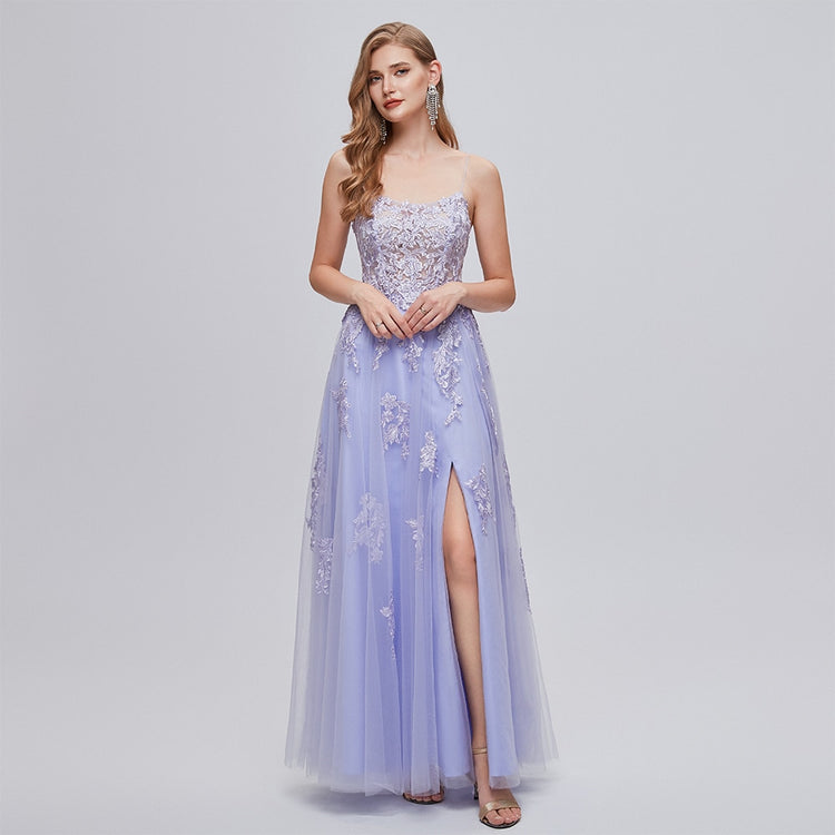 Vestido de Festa Slit Flores em Renda Lavanda