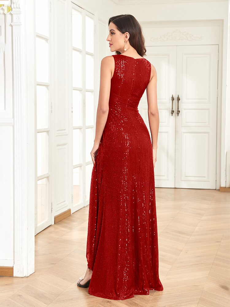 Vestido de Festa Longo Detalhado em Brilhos e Paetês Marsala