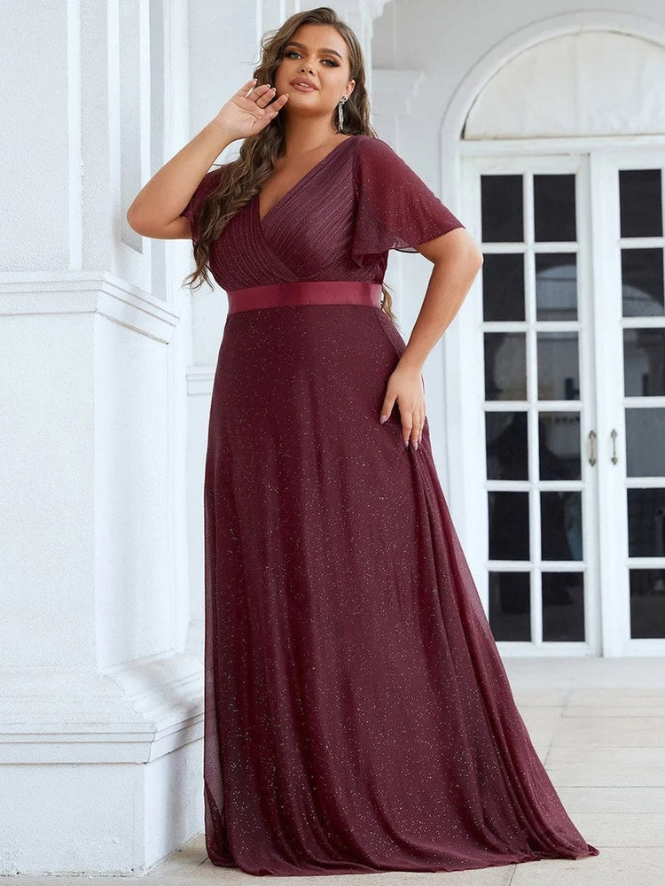 Vestido de Festa Longo com Faixa de Cetim e Tecido Brilho