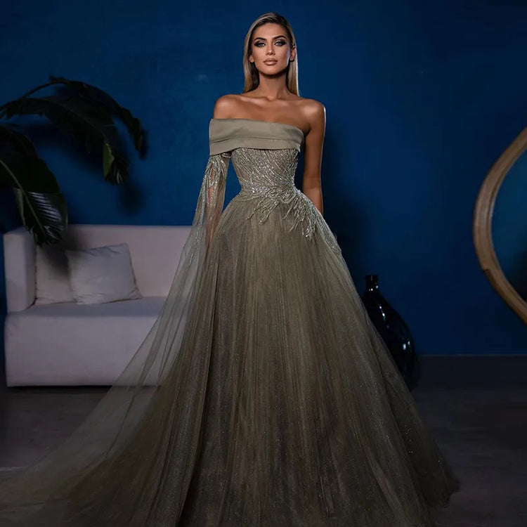 Vestido de Festa Longo em Renda e Detalhes Verde Oliva - Modelo Especial