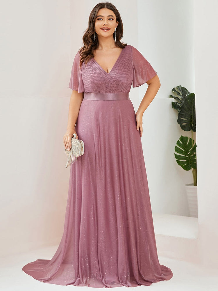 Vestido de Festa Longo com Faixa de Cetim e Tecido Brilho