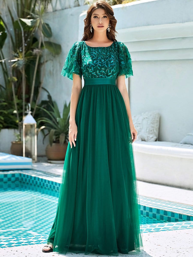 Vestido de Festa Longo com Detalhes Manta Bordada Verde