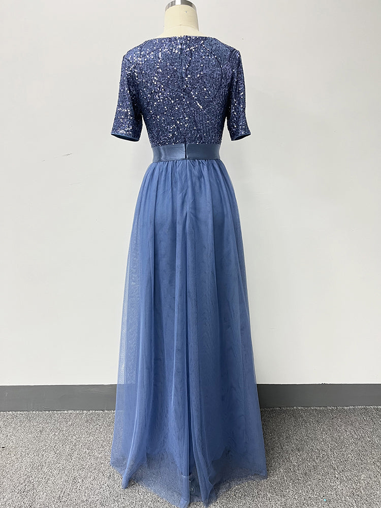 Vestido de Festa Longo em Renda Azul Empoeirado