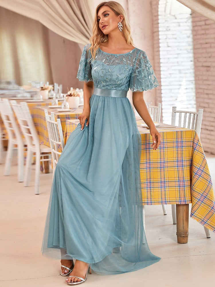 Vestido de Festa Longo com Detalhes Manta Bordada Azul Tiffany