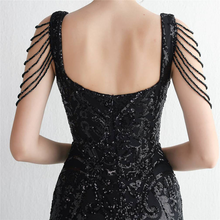 Vestido de Festa Sereia com Detalhes em Brilho Preto