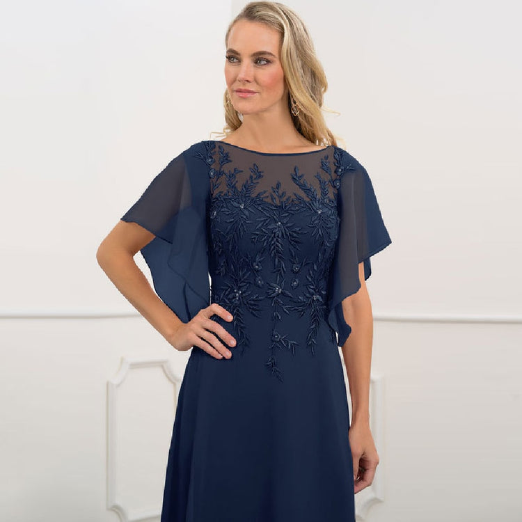 Vestido de Festa Longo com Manga Leve Renda Marinho