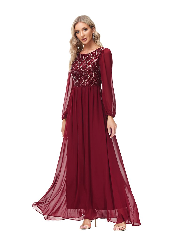 Vestido de Festa Longo Renda Marsala com Manga Longa