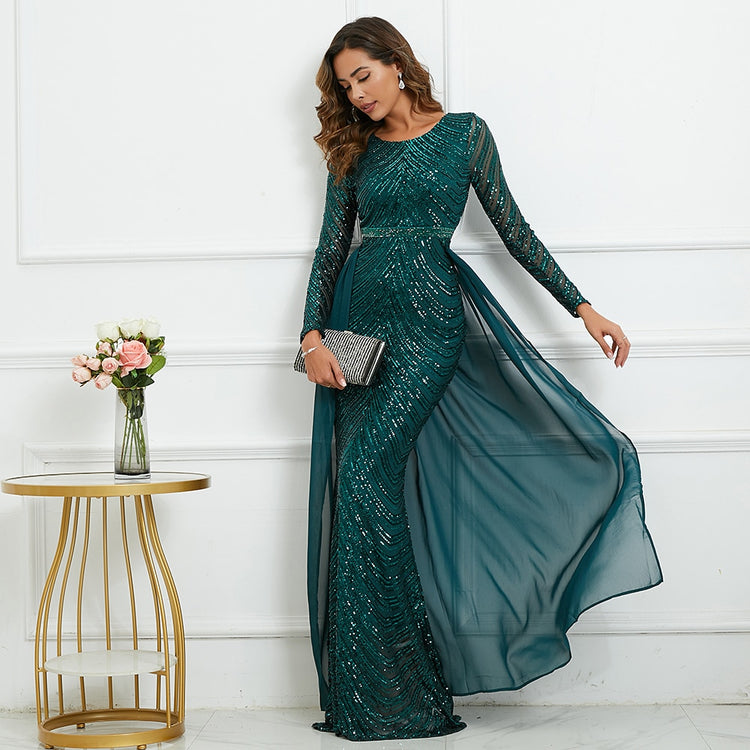 Vestido de Festa Sereia Manga Longa com Cauda Removível