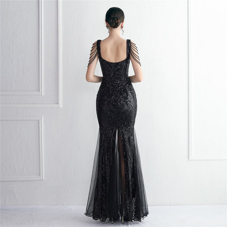 Vestido de Festa Sereia com Detalhes em Brilho Preto