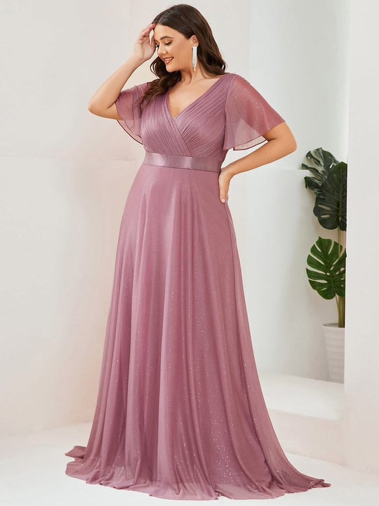Vestido de Festa Longo com Faixa de Cetim e Tecido Brilho