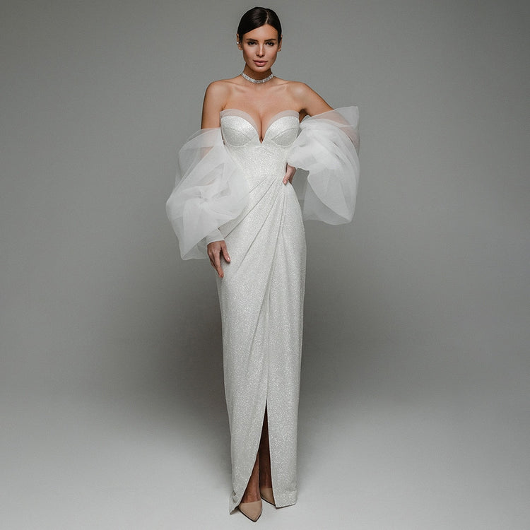 Vestido de Festa Longo com Manga Volume Branco Luxo