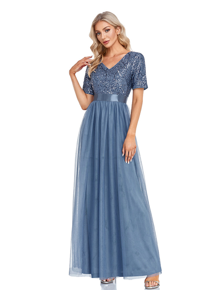 Vestido de Festa Longo em Renda Azul Empoeirado