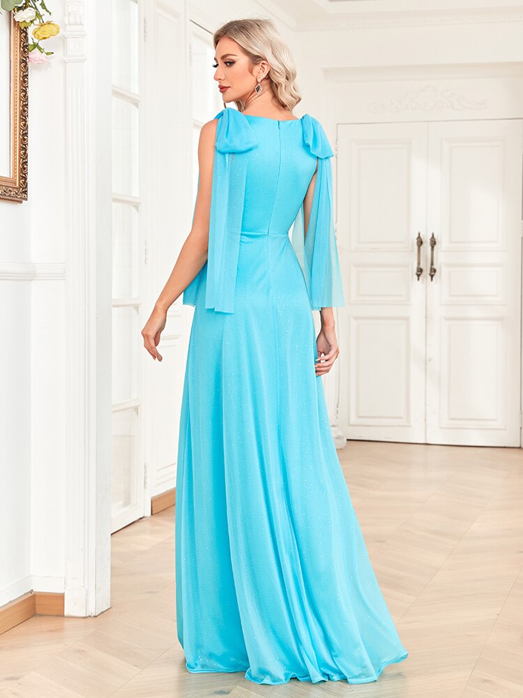Vestido de Festa Longo Tecido Fluído e Manga Laço Azul Serenity