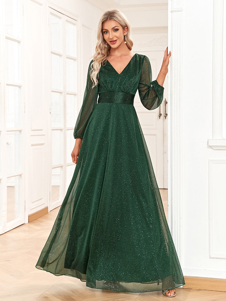Vestido de Festa Longo com Manga Longa Brilho Verde com Faixa