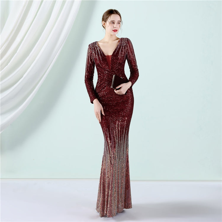 Vestido de Festa Longo com Detalhes Paetês Degradê Marsala