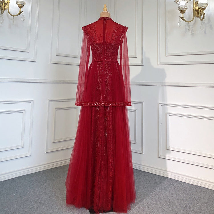 Vestido de Festa Longo Luxo Decorado em Cristais com Manga Transparente - Modelo Especial