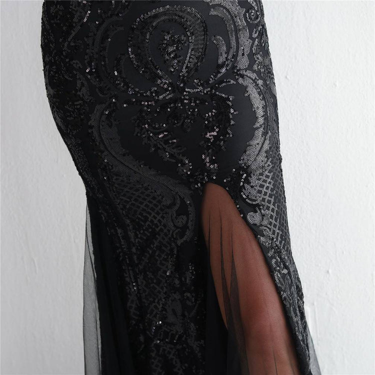 Vestido de Festa Sereia com Detalhes em Brilho Preto