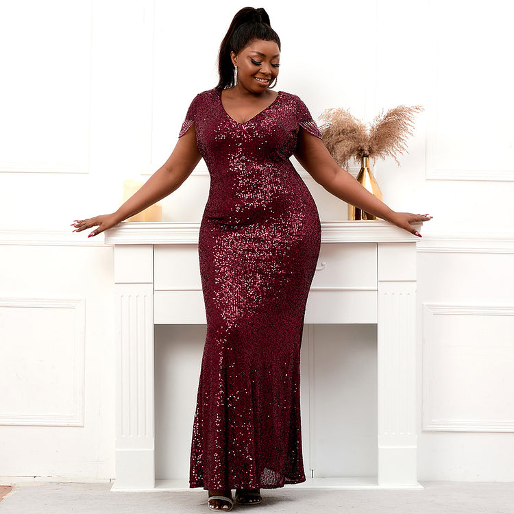 Vestido de Festa Plus Size Luxo Detalhado em Paetês Marsala