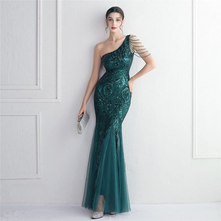 Vestido de Festa Sereia Ombro Único com Detalhes Brilho Verde
