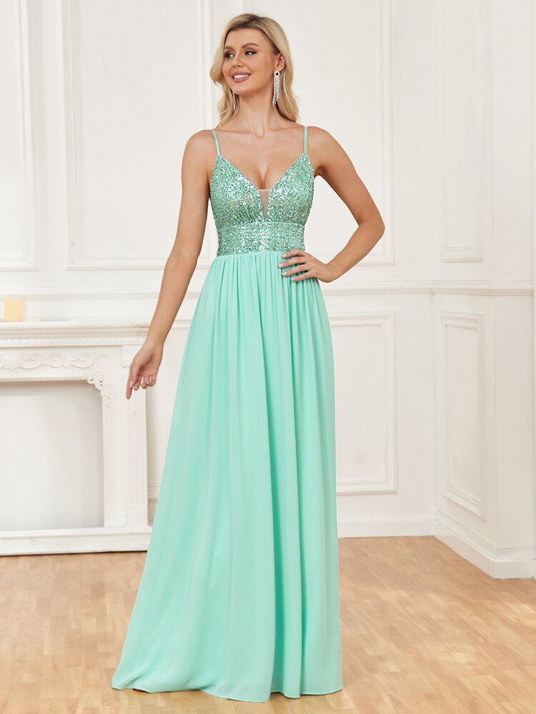 Vestido de Festa Longo com Brilhos Verde Menta com Alça Fina