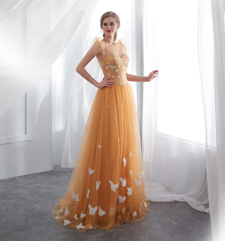 Vestido de Festa Florais com Borboletas em Renda Laranja - Modelo Especial