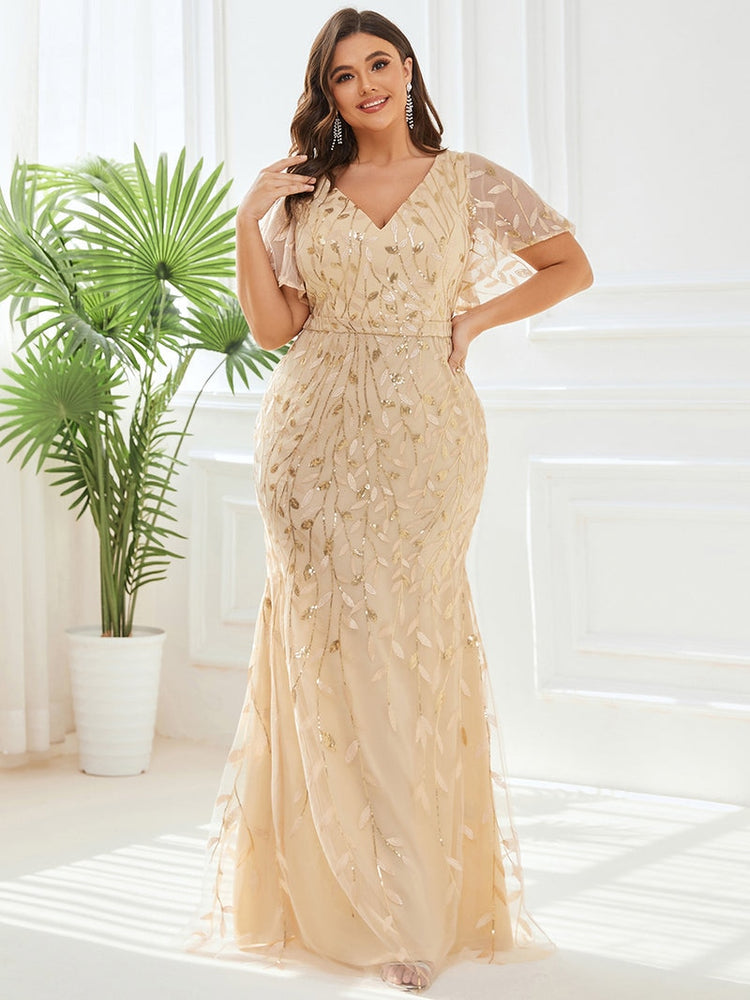 Vestido de Festa Longo Clássico com Paetês e Padrão Folhas