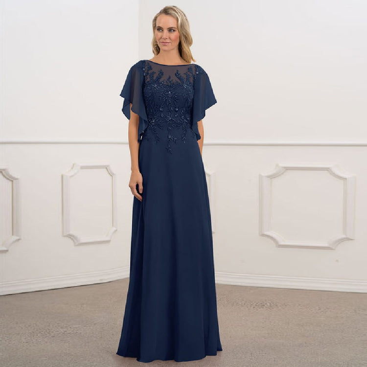 Vestido de Festa Longo com Manga Leve Renda Marinho