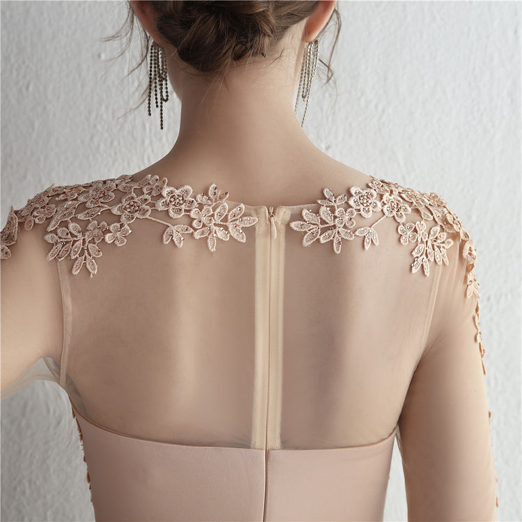 Vestido de Festa Longo com Detalhes em Renda e Apliques Florais Champanhe