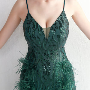 Vestido de Festa Longo Luxo com Detalhes em Plumas Verde (Pronta Entrega)