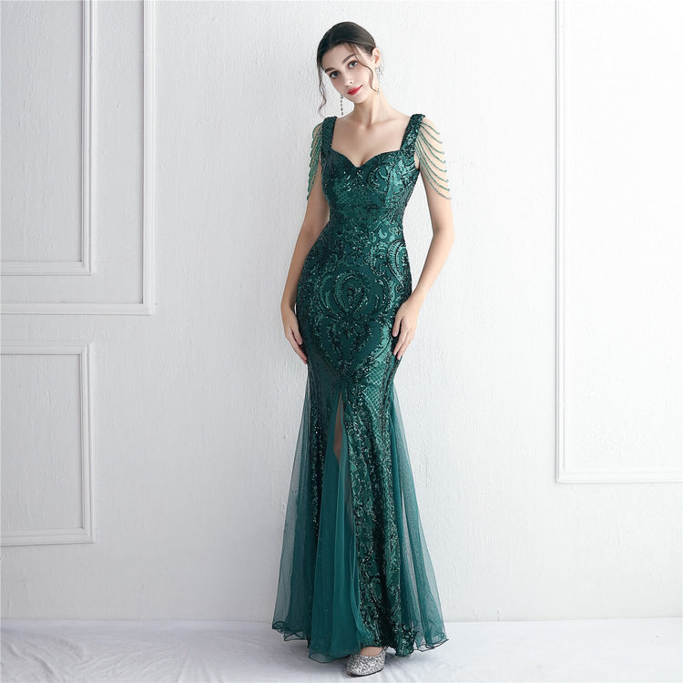 Vestido de Festa Sereia com Detalhes em Brilho Verde