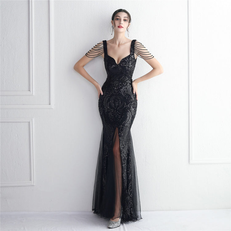 Vestido de Festa Sereia com Detalhes em Brilho Preto
