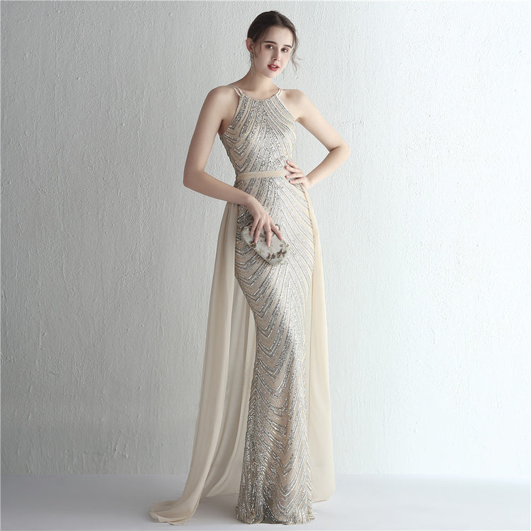 Vestido de Festa Luxo Sereia com Capa Prateado
