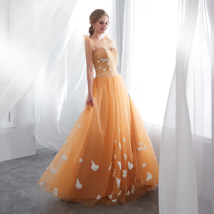 Vestido de Festa Florais com Borboletas em Renda Laranja - Modelo Especial