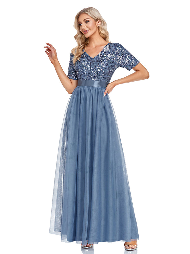 Vestido de Festa Longo em Renda Azul Empoeirado