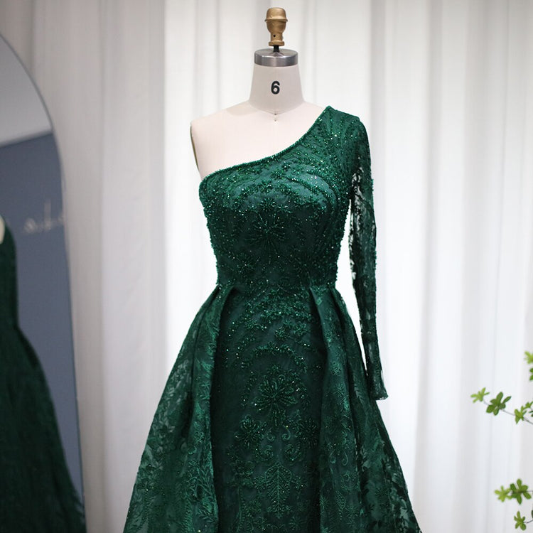 Vestido de Festa Maxi Luxo Decorado com Cristais e Manga Assimétrica - Modelo Especial