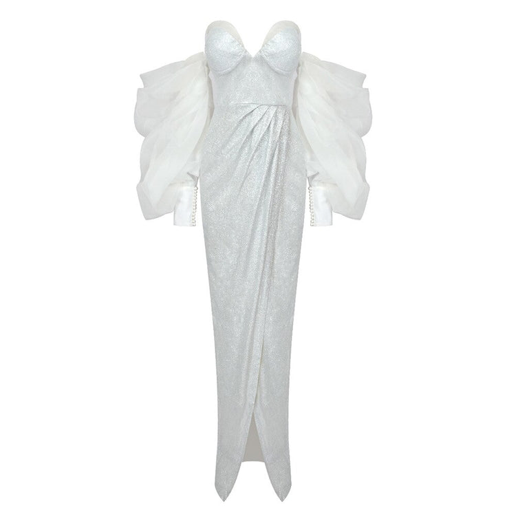 Vestido de Festa Longo com Manga Volume Branco Luxo