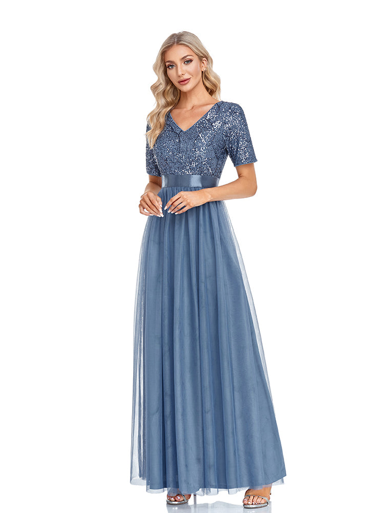 Vestido de Festa Longo em Renda Azul Empoeirado