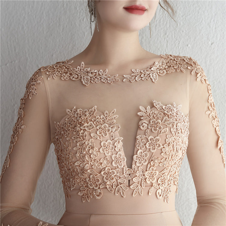 Vestido de Festa Longo com Detalhes em Renda e Apliques Florais Champanhe