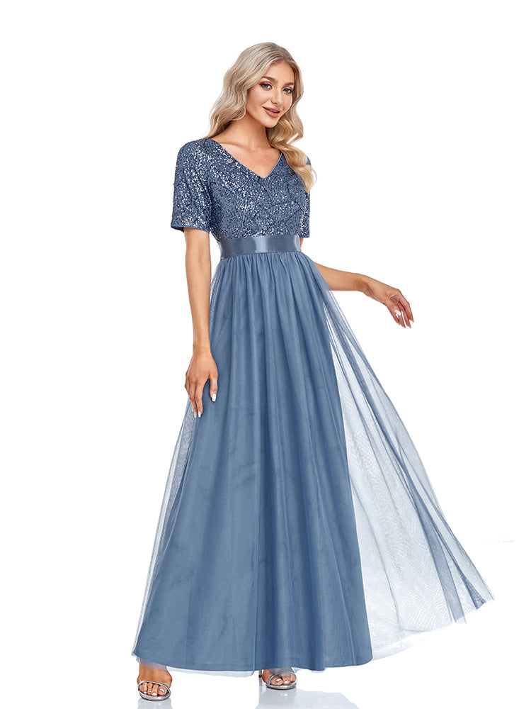 Vestido de Festa Longo em Renda Azul Empoeirado