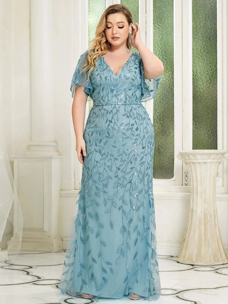 Vestido de Festa Longo Clássico com Paetês e Padrão Folhas