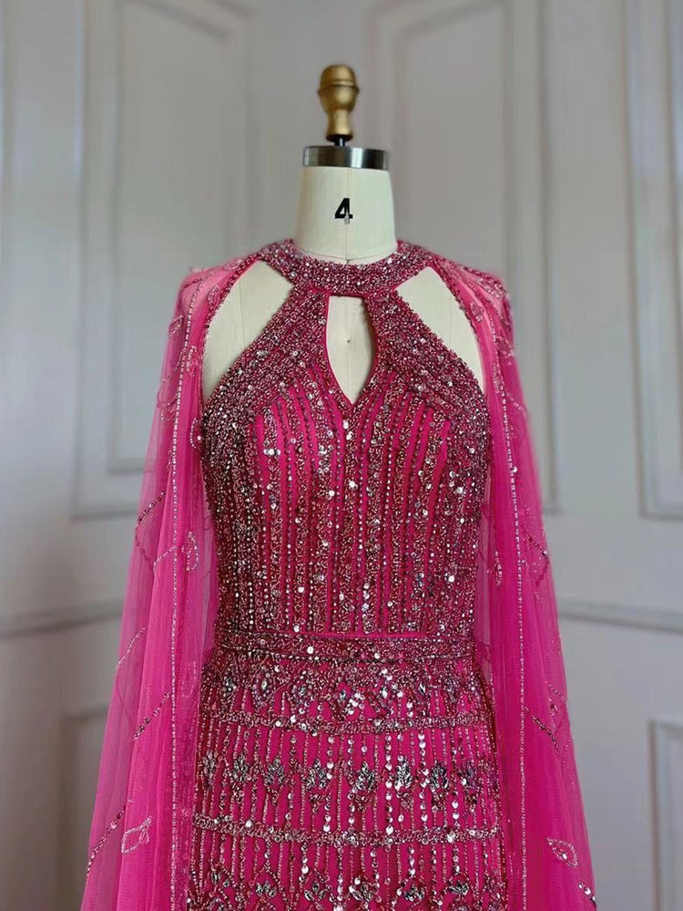 Vestido de Festa Longo Fúcsia com Capa Renda - Modelo Especial