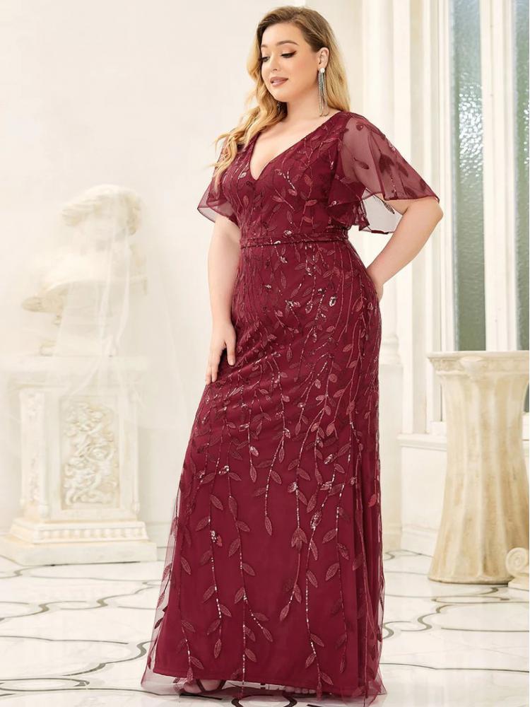 Vestido de Festa Longo Clássico com Paetês e Padrão Folhas