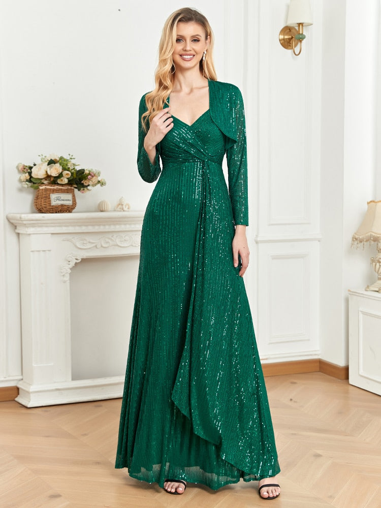 Vestido de Festa Longo Luxo Esmeralda com Casaco Remov vel