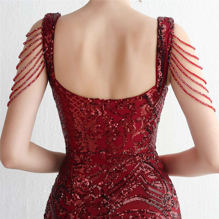 Vestido de Festa Sereia com Detalhes em Brilho Marsala