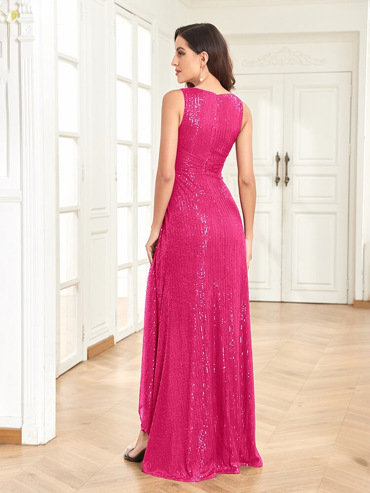 Vestido de Festa Longo Detalhado em Brilhos e Paetês Fúcsia