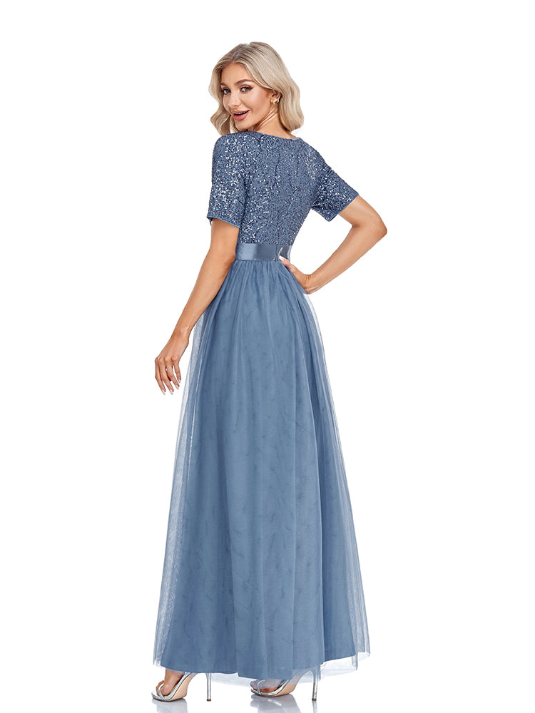 Vestido de Festa Longo em Renda Azul Empoeirado