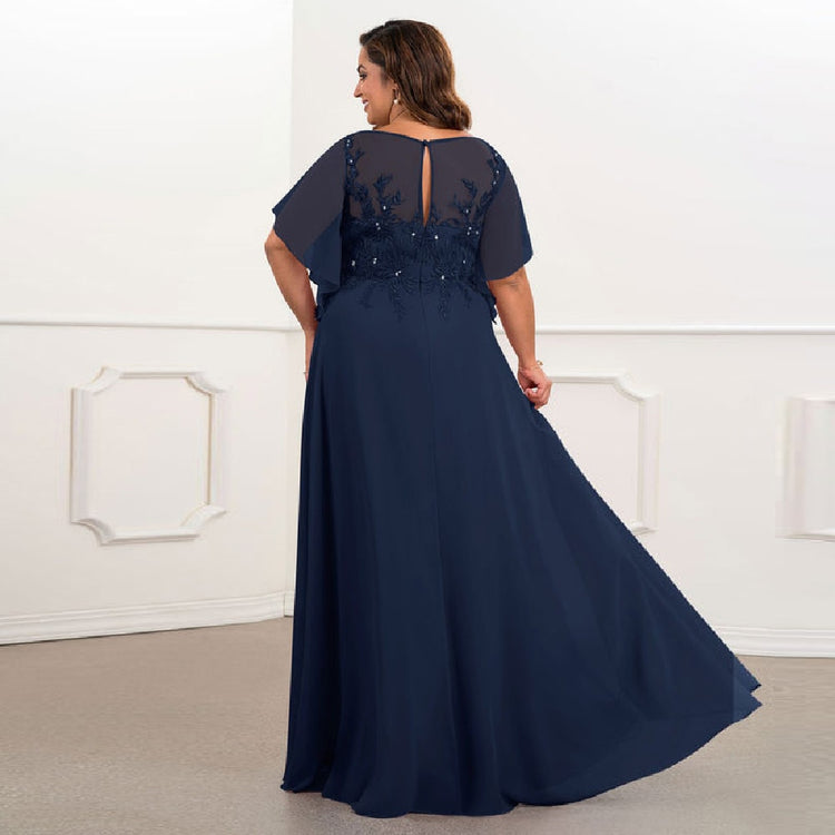 Vestido de Festa Longo com Manga Leve Renda Marinho