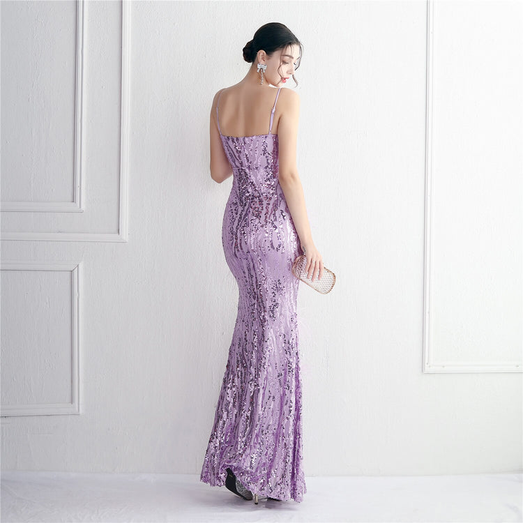 Vestido de Festa Longo Luxo com Detalhes em Plumas Lavanda